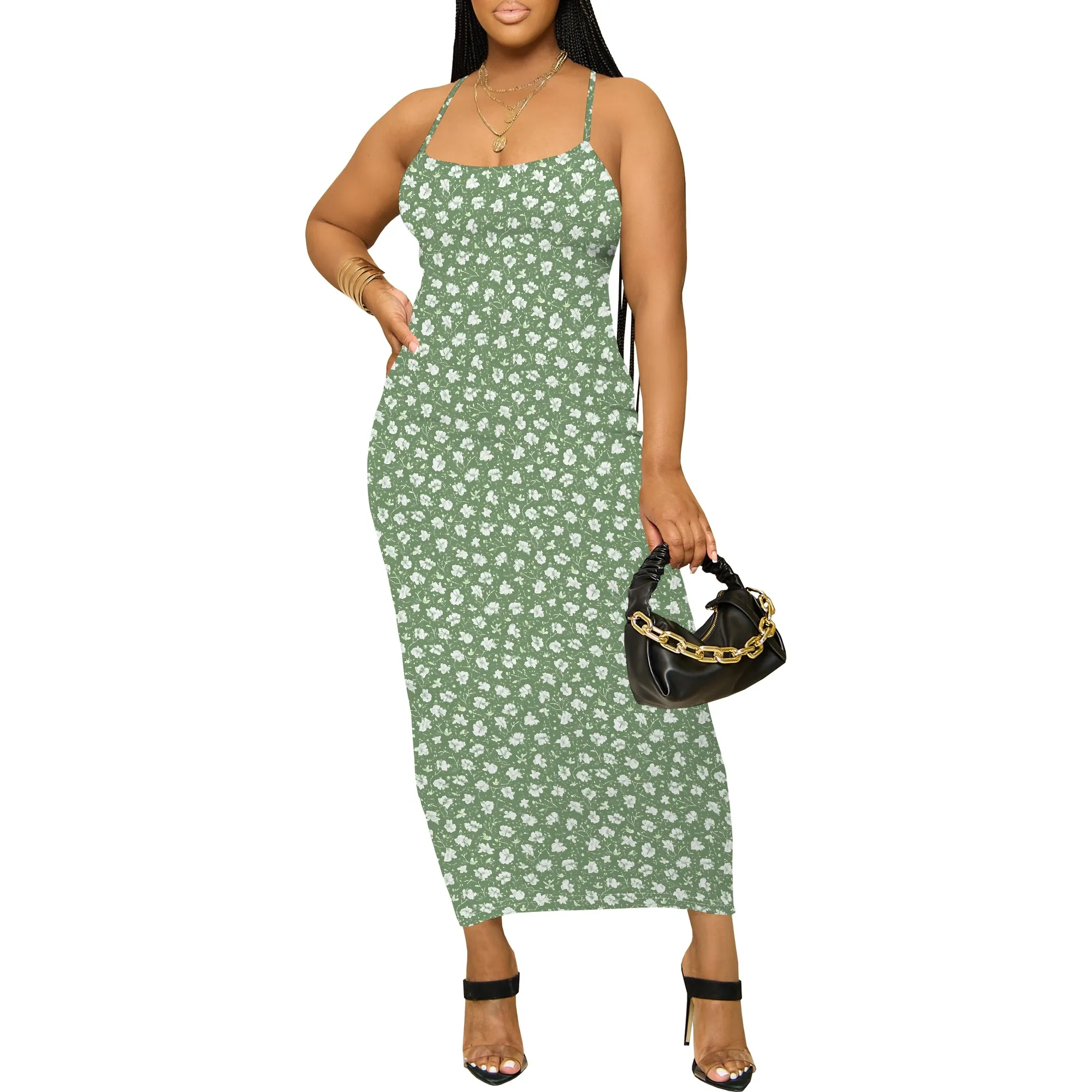 ฤดูร้อนผู้หญิงรอบคอหลวมสบายๆแฟชั่นพิมพ์ลายดอกไม้รูปแบบเซ็กซี่ Halter Bohemian Maxi ชุดยาว