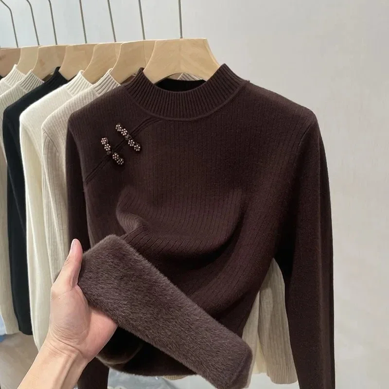 Women Half Turtleneck Plus Velvet Thicke Sweaters Winter Warm Long Sleeve Knitted Tops Casual Plush Fleece Lined Soft Pullover