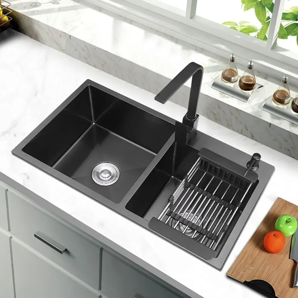 

32" Black Double Bowl Kitchen Sink Stainless Steel Bar Drop-In Kitchen Sink with Drain and Overflow