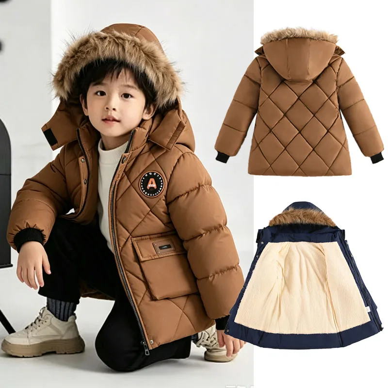Jungen Plüsch-Samtjacken Winter Kinder Fleece Kapuzenmäntel Verdickte Warme Oberbekleidung Jungen Gefütterte Schneeanzüge Kleidung 4-10 Jahre