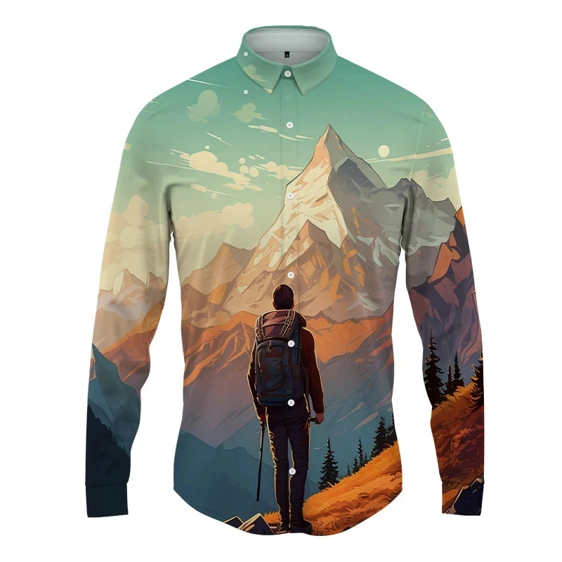 Landscape 3D Printed Lapel Mens Shirts Man Women Casual Fashion Long Sleeves Shirts Button Streetwear Oversized Unisex Camisas