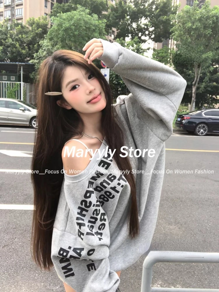 Autumn American Vinrage Grey Street Sweatshirt Women Y2k Letter Printing Long Sleeve Casual Warm Oversize Baggy Ladeies Tops New