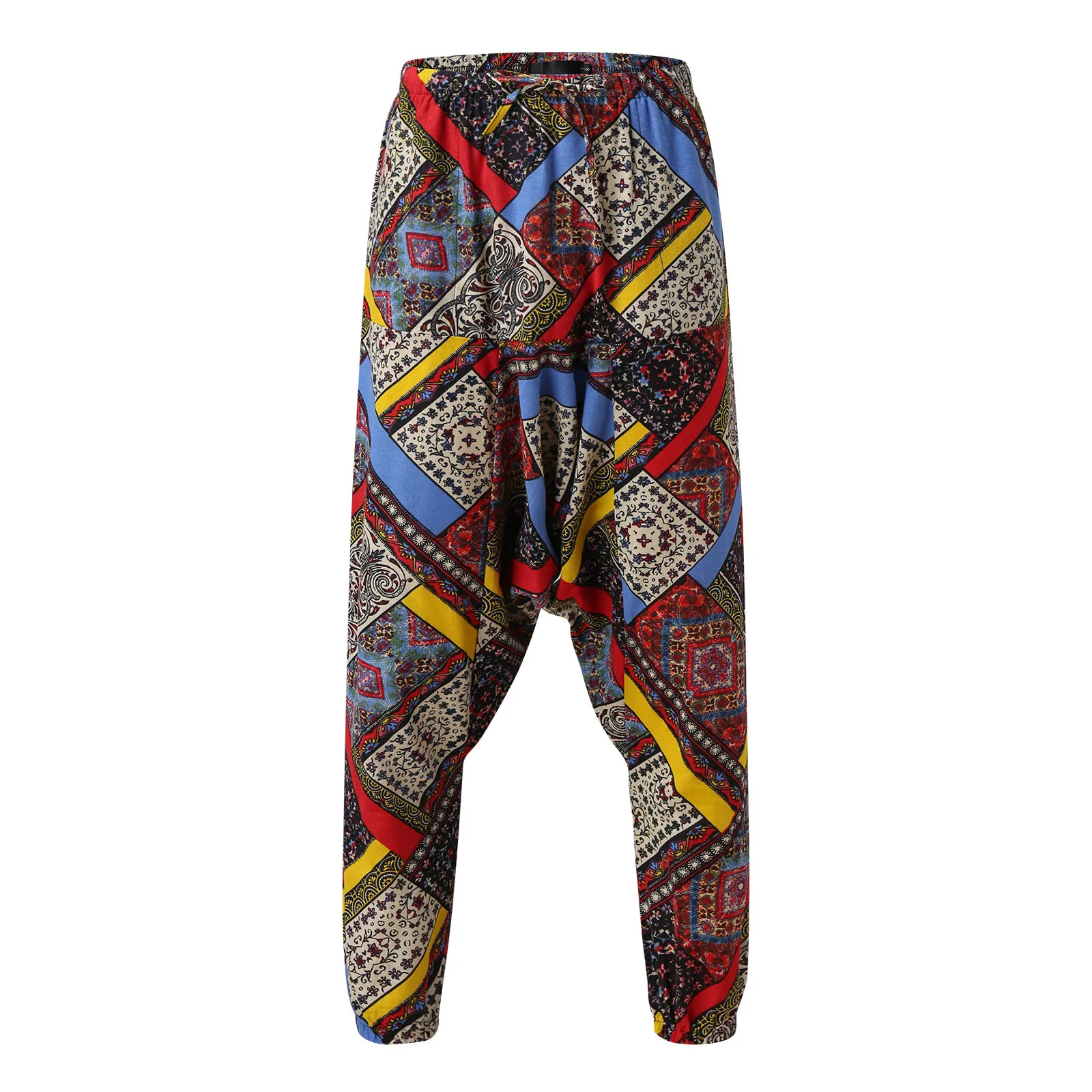 Pantaloni da uomo con coulisse in cotone e lino con lacci Harem Hip Fashion Print pantaloni Casual da uomo larghi Y2k abbigliamento Pantalones Streetwear