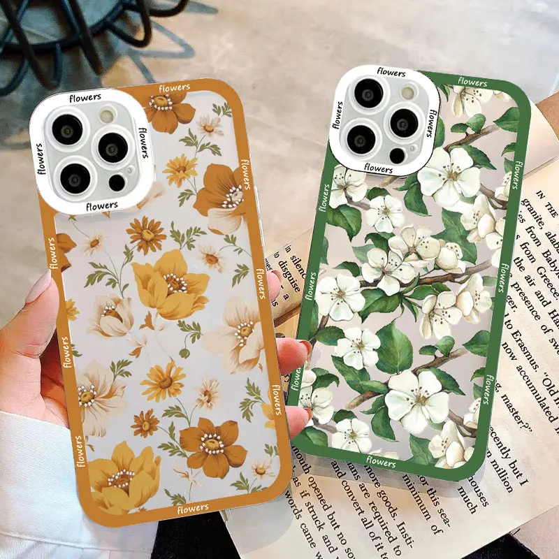 Retro Spring Bloom Flowers Clear Phone Case For iPhone 11 7 8 Plus SE2 14 15 Plus 12 13 Pro Max X XR XS Transparent Back Covers