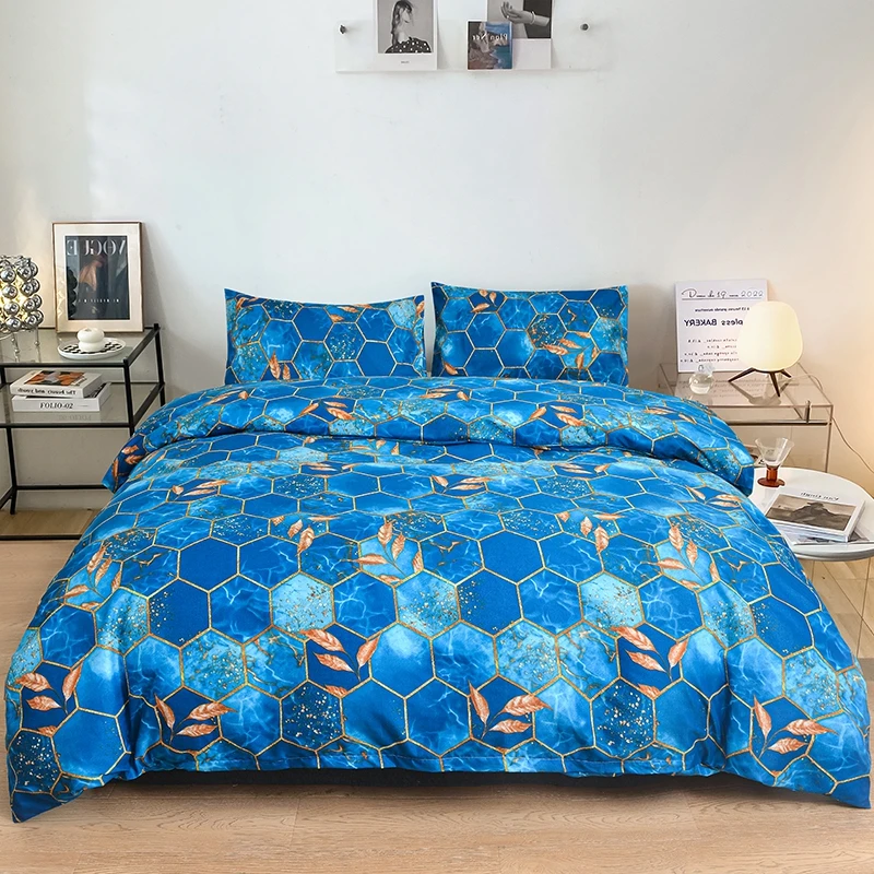 

Blue Geometric Pattern Duvet Cover 220x240,Single/Double Quilt Cover with Pillowcase,Microfiber Soft Bedding Set Queen Size