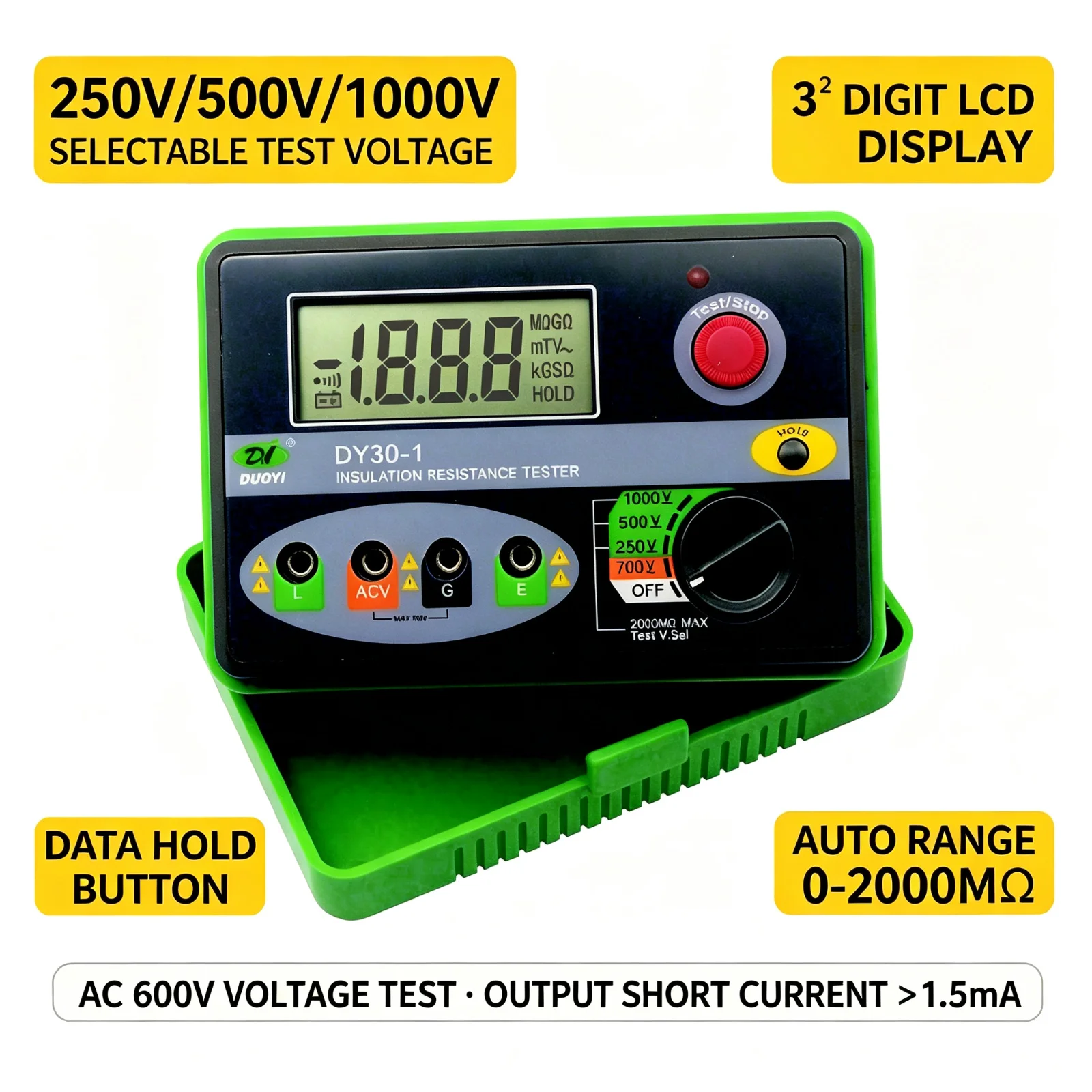 Digital Megohmmeter DY30-1 DY30-2 Insulation Resistance Tester 2000MΩ 20GΩ Auto Range AC 600V Voltmeter Electric Test Equipment