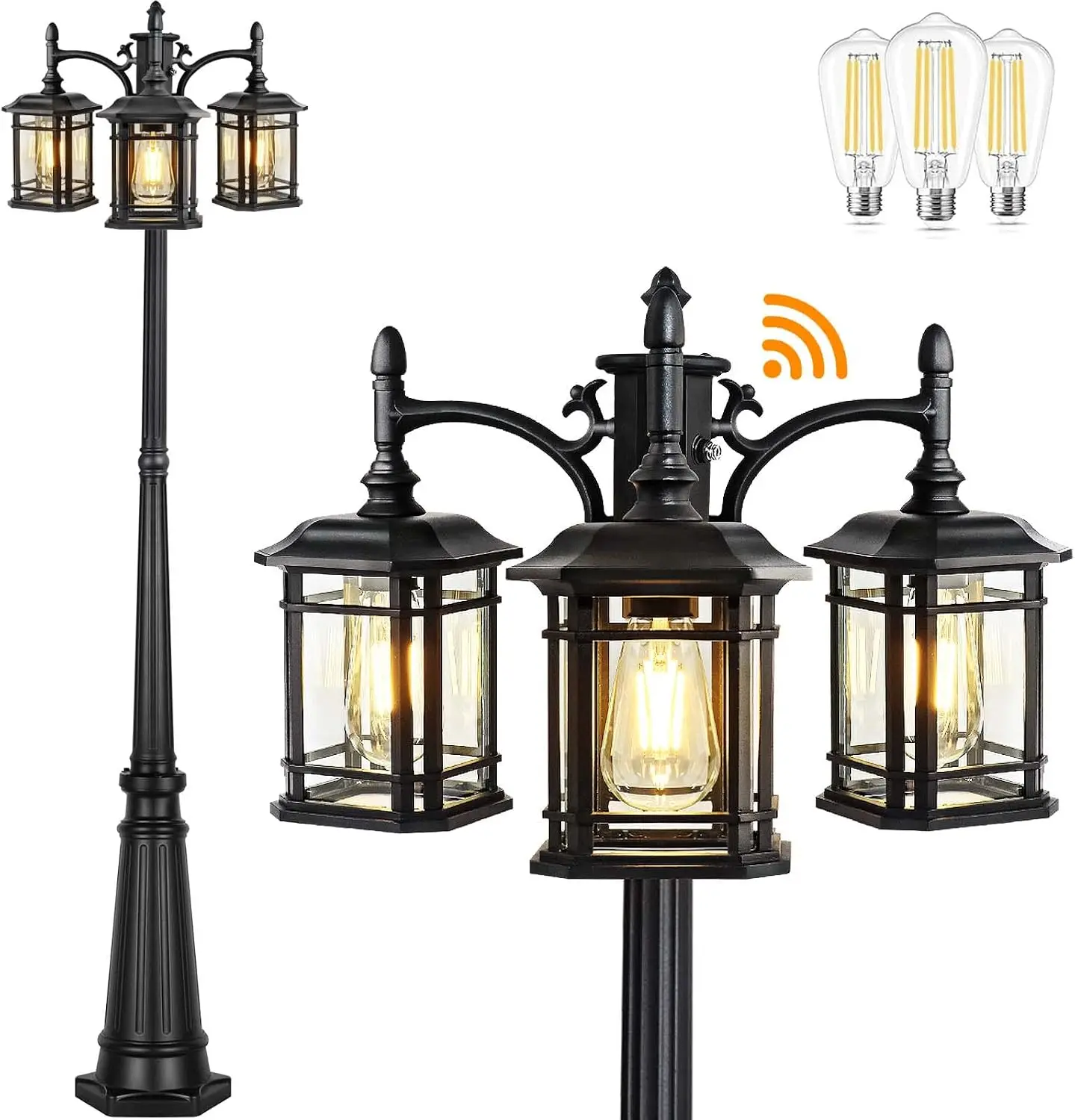 Outdoor lamp post lights dusk to dawn black clear glass panels 3 led bulbs 3 head hardwired waterproof driveway backyard garden
