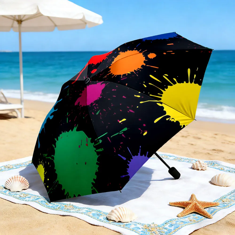 1PC Colorful splatter design umbrella by a serene lakeside picnic Print 8 Iron Ribs Folding Umbrella Auto-Open Fashion Sunshade