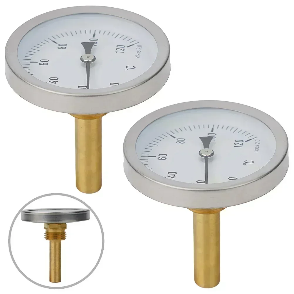 

2 шт. термометр 63 мм измеритель температуры воды биметаллический термометр корпус из нержавеющей стали с латунным рукавом 0-120 ° C Биметаллик