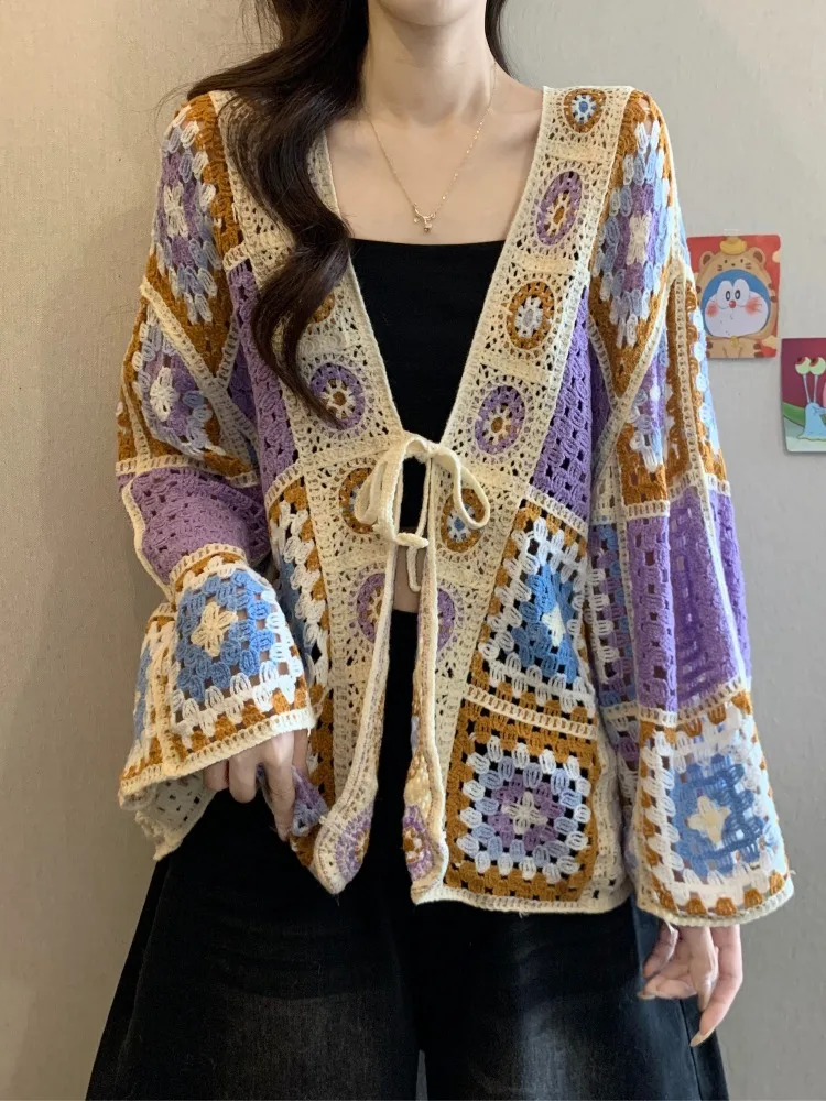 

Unique Beautifully Hooked Hollow out Knitted Open Cardigan Women's Thin Early Autumn Large Size Fat MM Outer Top