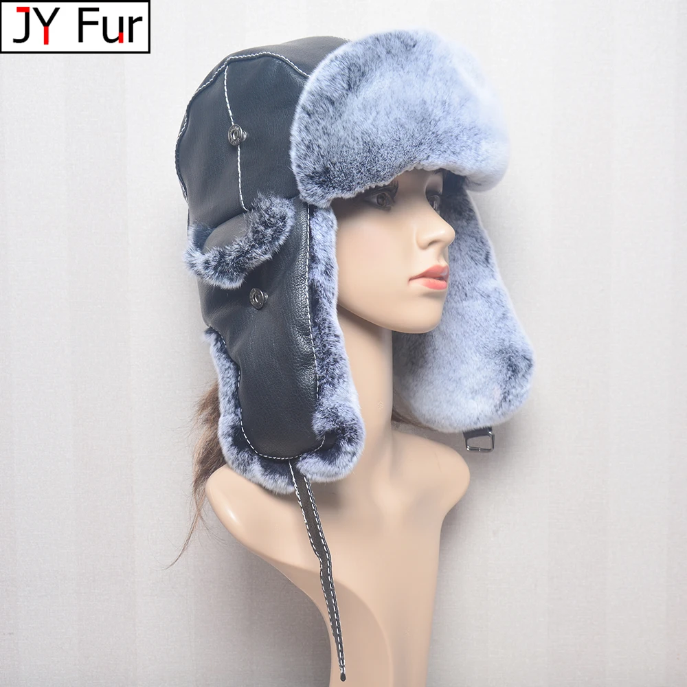 

Women Real Rex Rabbit Fur Bombers Hat Warm Winter Fashion Cap With Earflap High Quality Female Genuine Fur Hats For Women