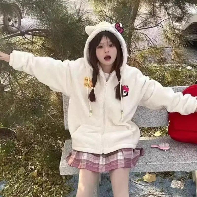 كيتي القط التطريز مقنعين القطن لامب الصوف معطف Y2K المرأة سستة الاتجاه سترة النساء الشتاء سميكة الملابس الدافئة