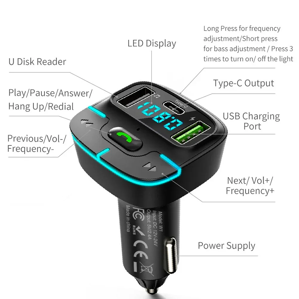 Super Sound Bluetooth Car MP3 Player FM Transmitter Dual USB Fast Charging PD Type-C USB One-Key Car Hands-Free Calling kit