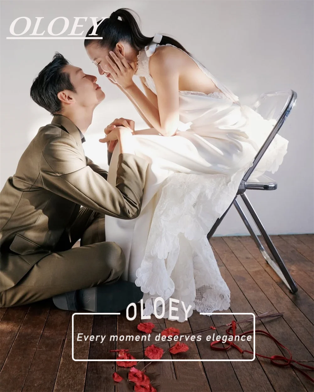 OLOEY Unique Halter Mermaid Wedding Dresses Korea Photoshoot Satin Appliques Bridal Gown Customized Vestidos De Novia