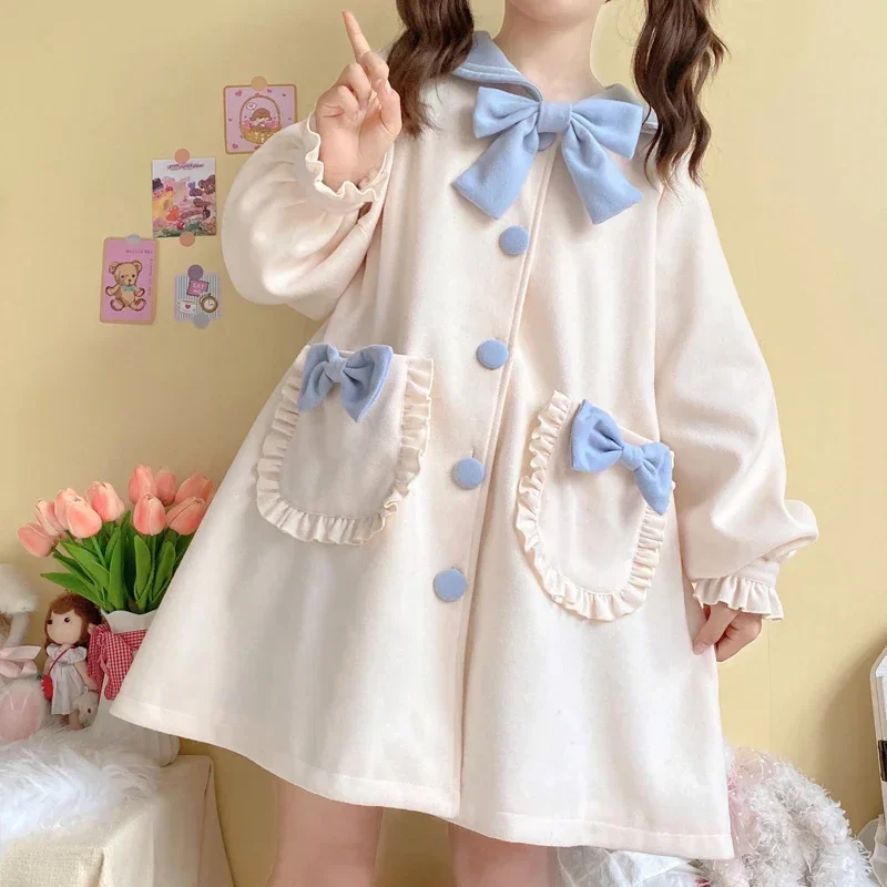 Casaco de lã estilo formal japonês para meninas, manga lanterna, loli de peito único, gola de marinheiro, laço bonito, casaco kawaii, doce inverno