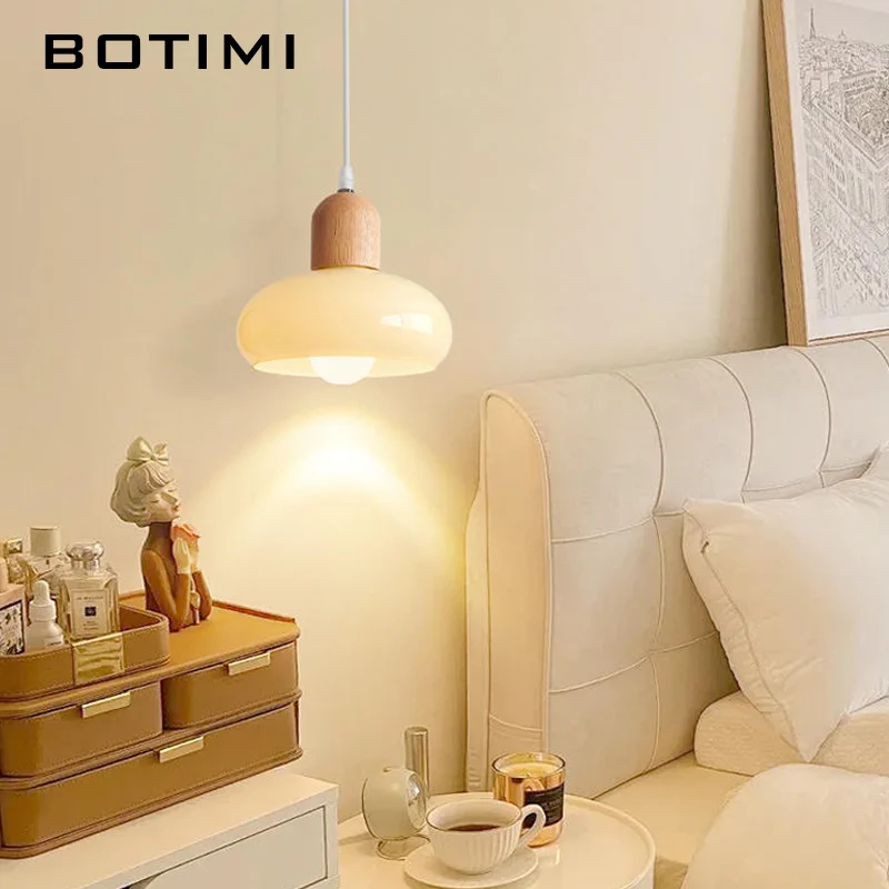 BOTIMI Single Wooden LED Pendant Light with Glass Lampshade For Dining Wire Bedroom Lustre Kitchen Luminaire Island Hanging Lamp