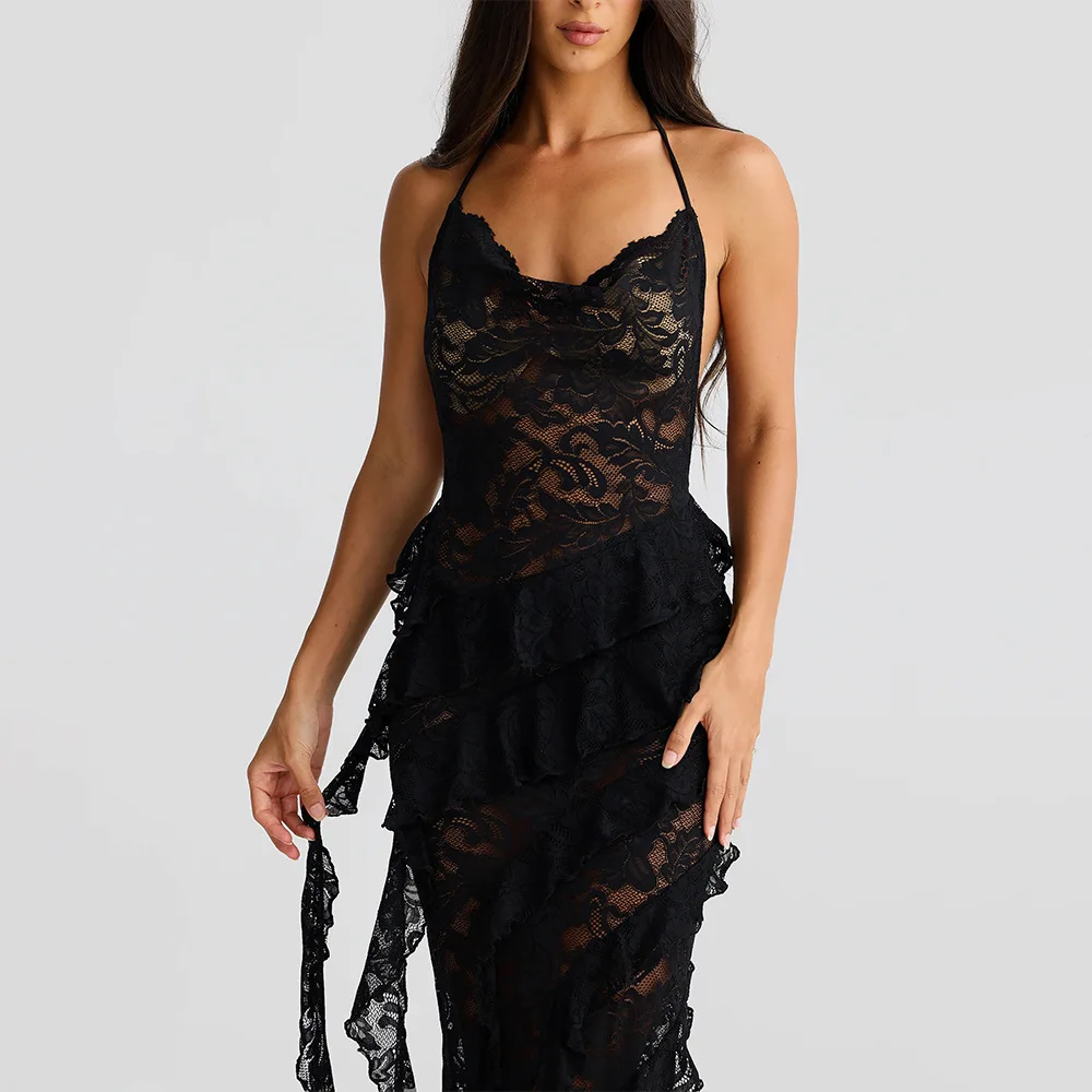 2025 Summer Autumn Sexy Lace Y2K Spicy Girl Dress Halter V-neck Backless Bodycon Evening Gown Maxi Dress Party Long Dress