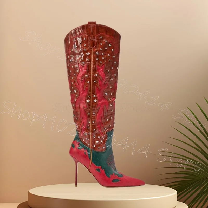 Star Rivets Red Green Totem Print Boots Side Zipper Women Shoes Thin High Heels Pointed Toe Party 2026 Zapatos Para Mujereeper
