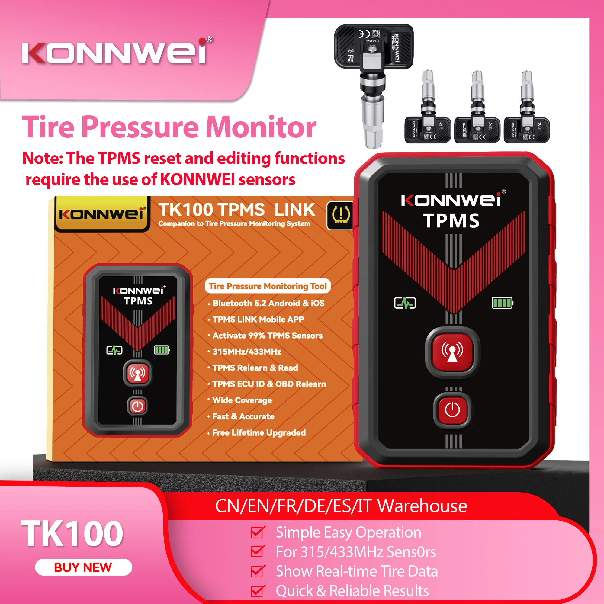

2026 KONNWEI TK100 TPMS Reset Edit Tool Tire Pressure Sensor Programmer Relearn Diagnostic Tool