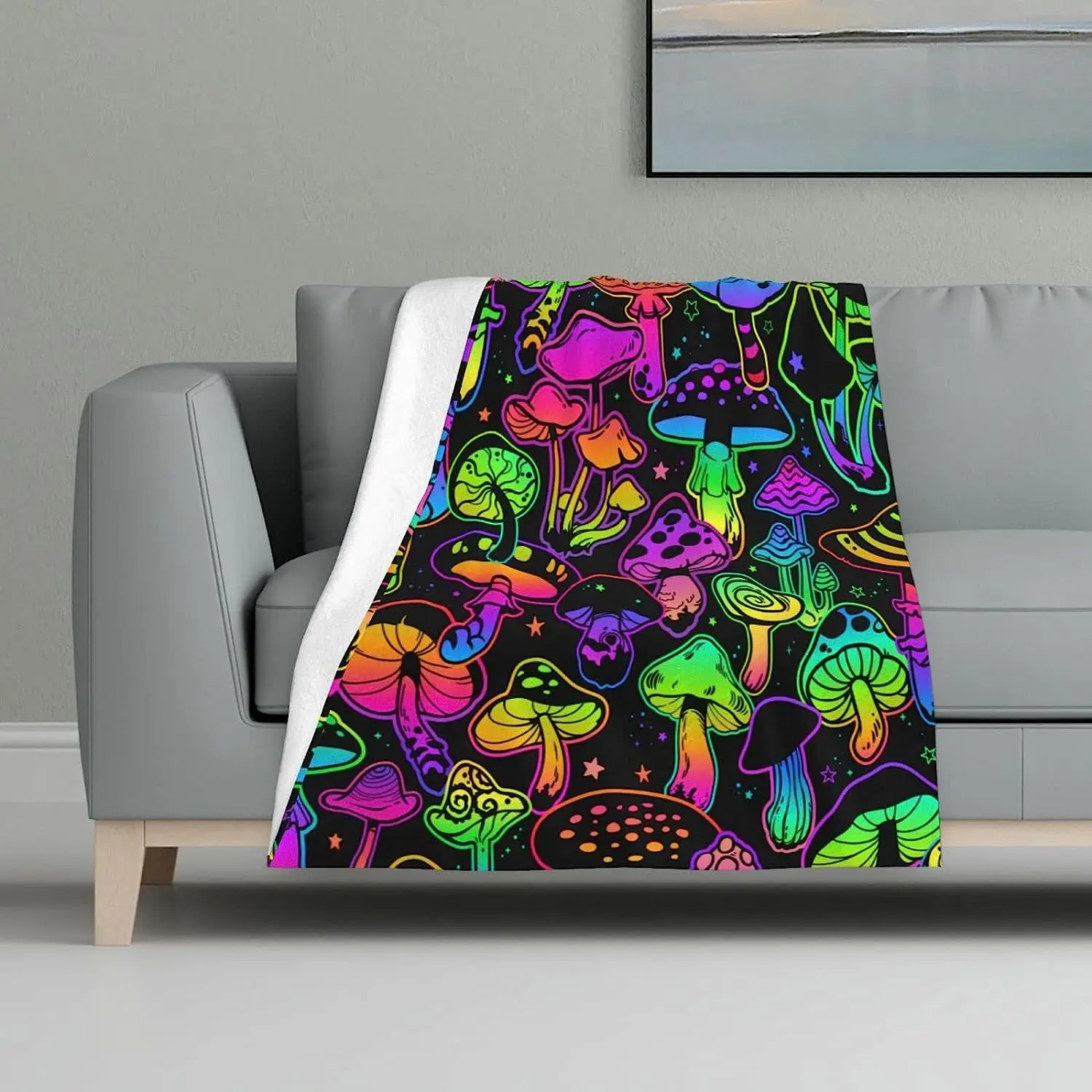 Psychedelic Mushrooms Throw Blanket Neon Toadstools Throw Blanket Bed Couch Sofa Travelling Camping Super Soft Blanket