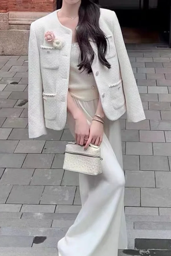 

Insozkdg Tweed Coat Socialite White Wool Coat Women Clothing Winter Jacket O-neck Loose Casual High end Suit Jacket Women Tops