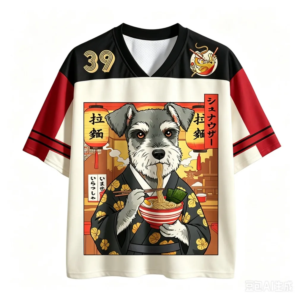 Japanese-style Dog-shaped Ramen 3D Print Quick-dry Breathable Sports Men Women V-neck Loose Tshirt Fashionable Parental Clothing
