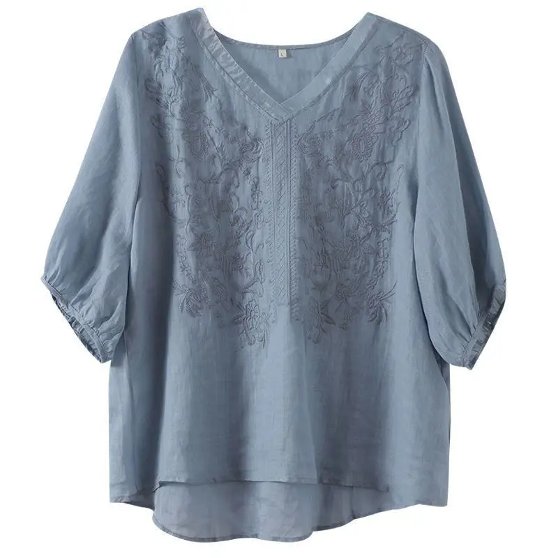 Summer New Fashion Vintage Loose Korean Pullovers V-Neck Embroidery Spliced Half Sleeve Women\'s Cotton and Linen T-shirt Tops