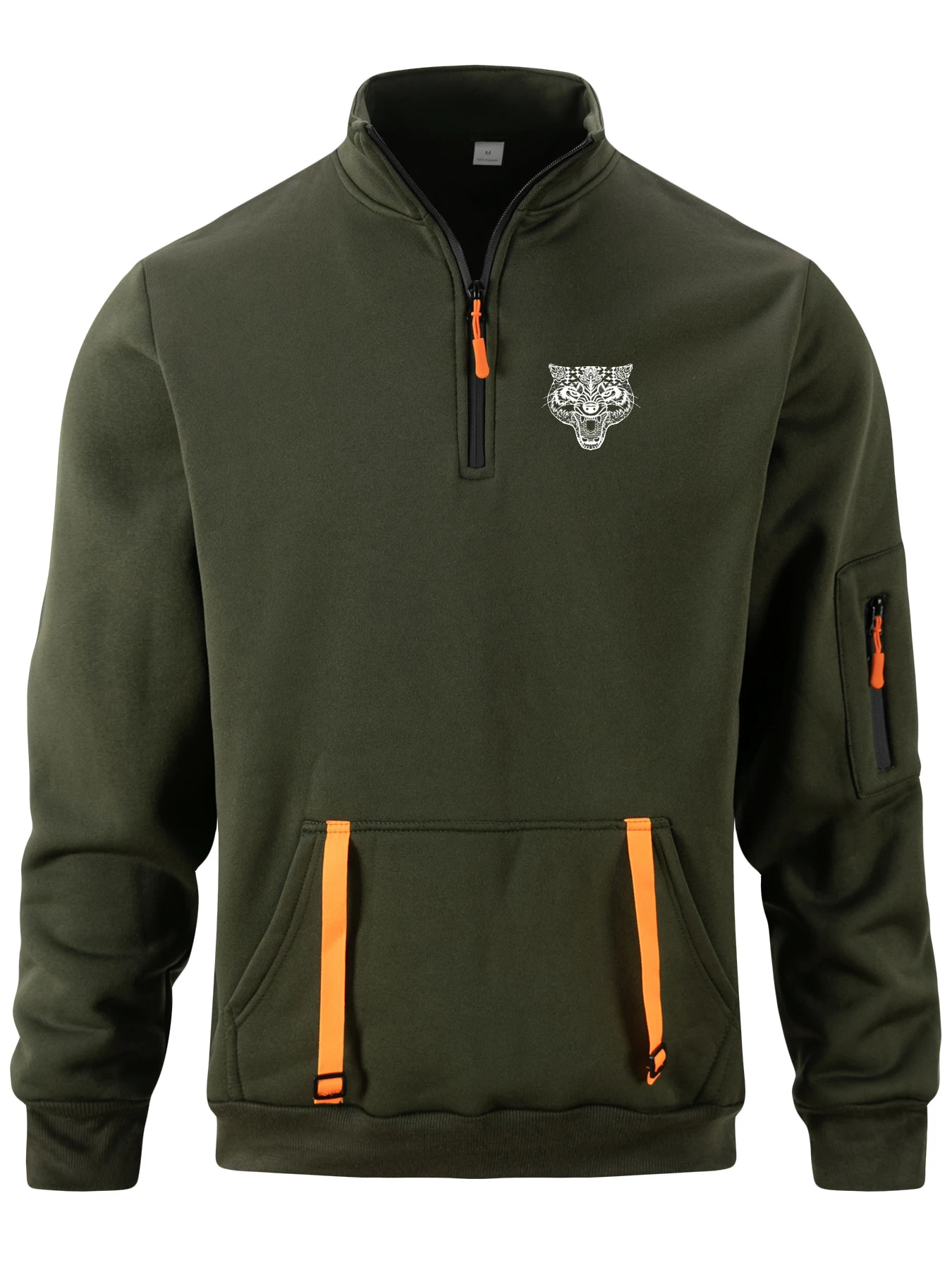 New men's spring-autumn pullover with zipper stand collar, sport print pattern on the arm, pure color top