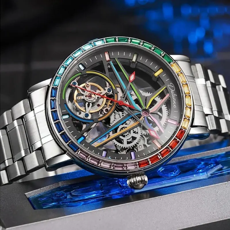 DULUNWE New Men's Top Brand Watch 3ATM All Steel Waterproof Automatic Mechanical Skeleton Design Tourbillon Luminous Men's Watch