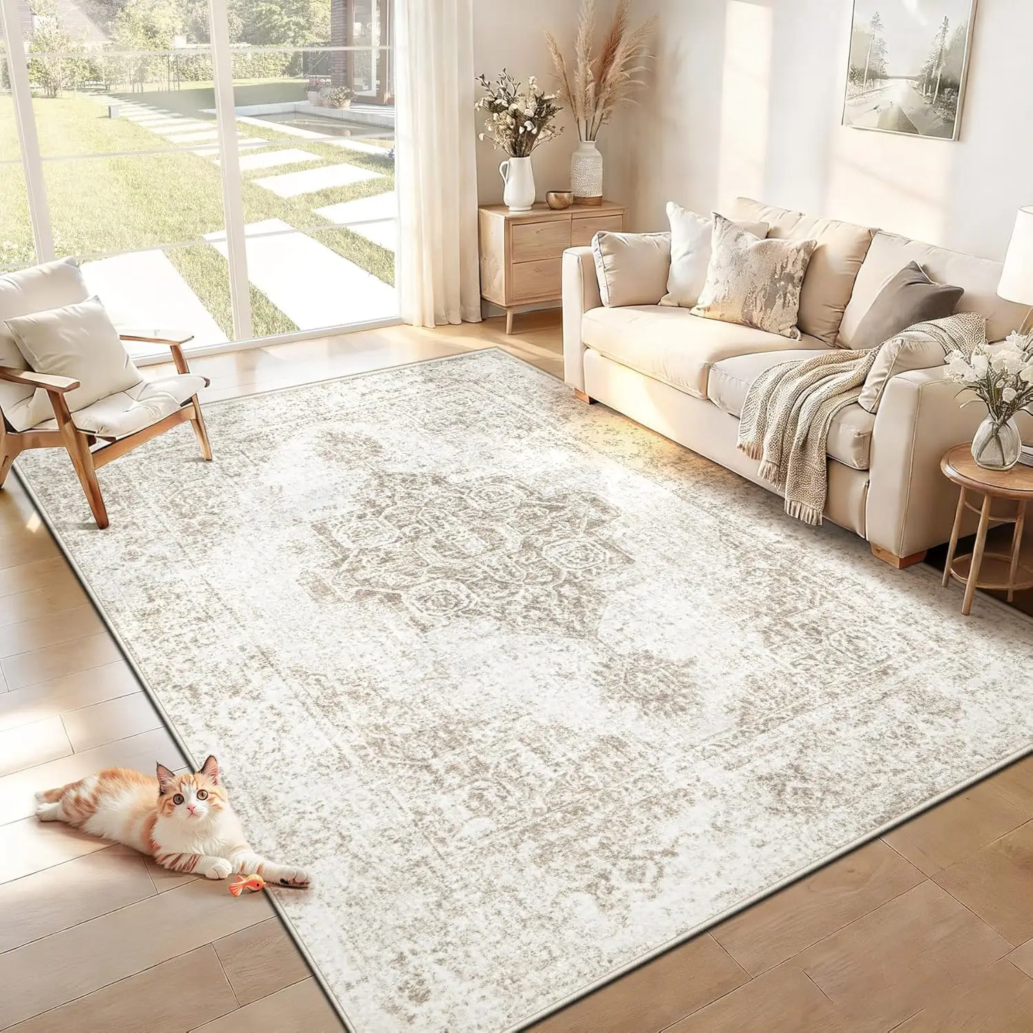

6x9 Washable Vintage Boho Neutral Medallion Rug, Non-Slip Low Pile for Living Room Bedroom Dining Nursery