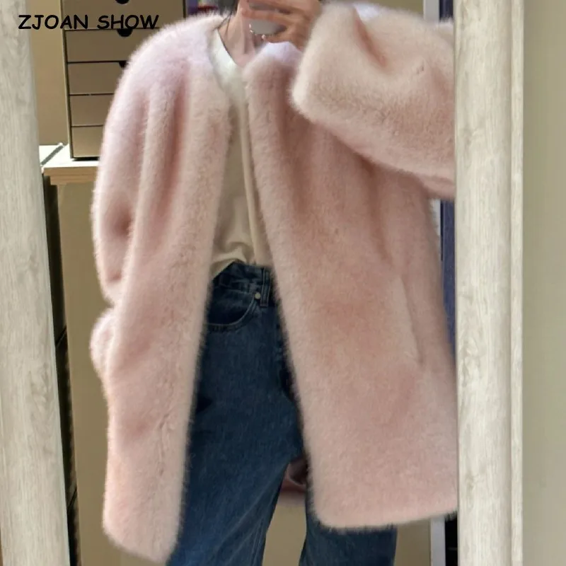 Winter CHIC O neck Pink With Gray Fox Faux Fur Coat Women Full sleeve Warm Shaggy Oversized Jacket Loose BF Outerwear Yellow