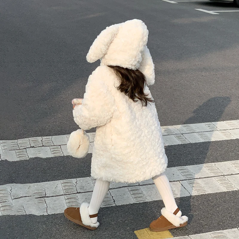 Girl Winter Extra-thick Lambswool Faux Fur Coat 2023 Kids Long Outerwear For Girls Warm Jacket With Padded Imitation Rabbit Fur