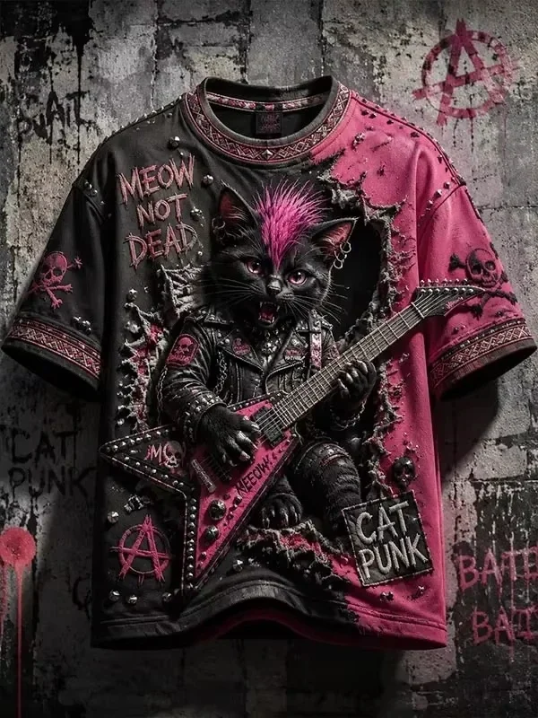 New Retro Men's Rock Punk Cat Pattern Short Sleeve T-Shirt Fashion Cool Party Daily T Shirt Casual Clothing