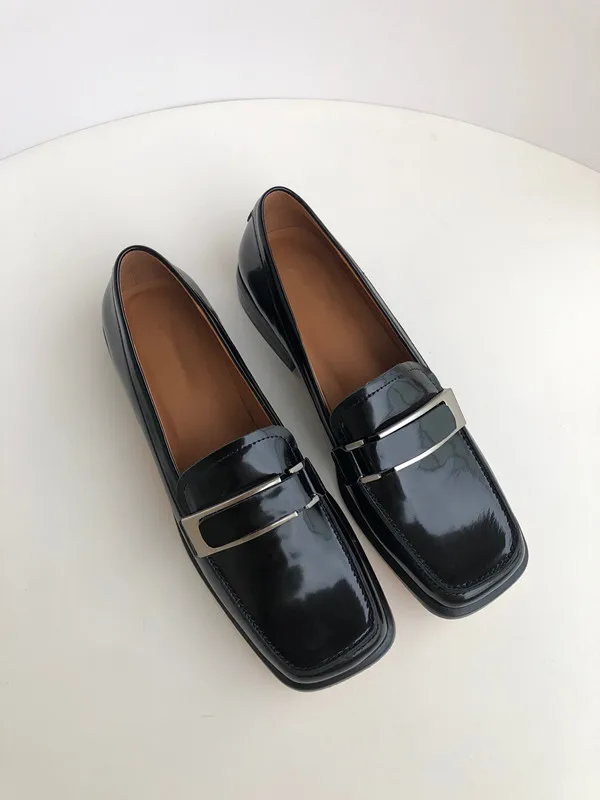 Withered French Style  Shoes Women Office Lady Genuine Leather Retro Square Toe Slip-On Loafers Women Flat