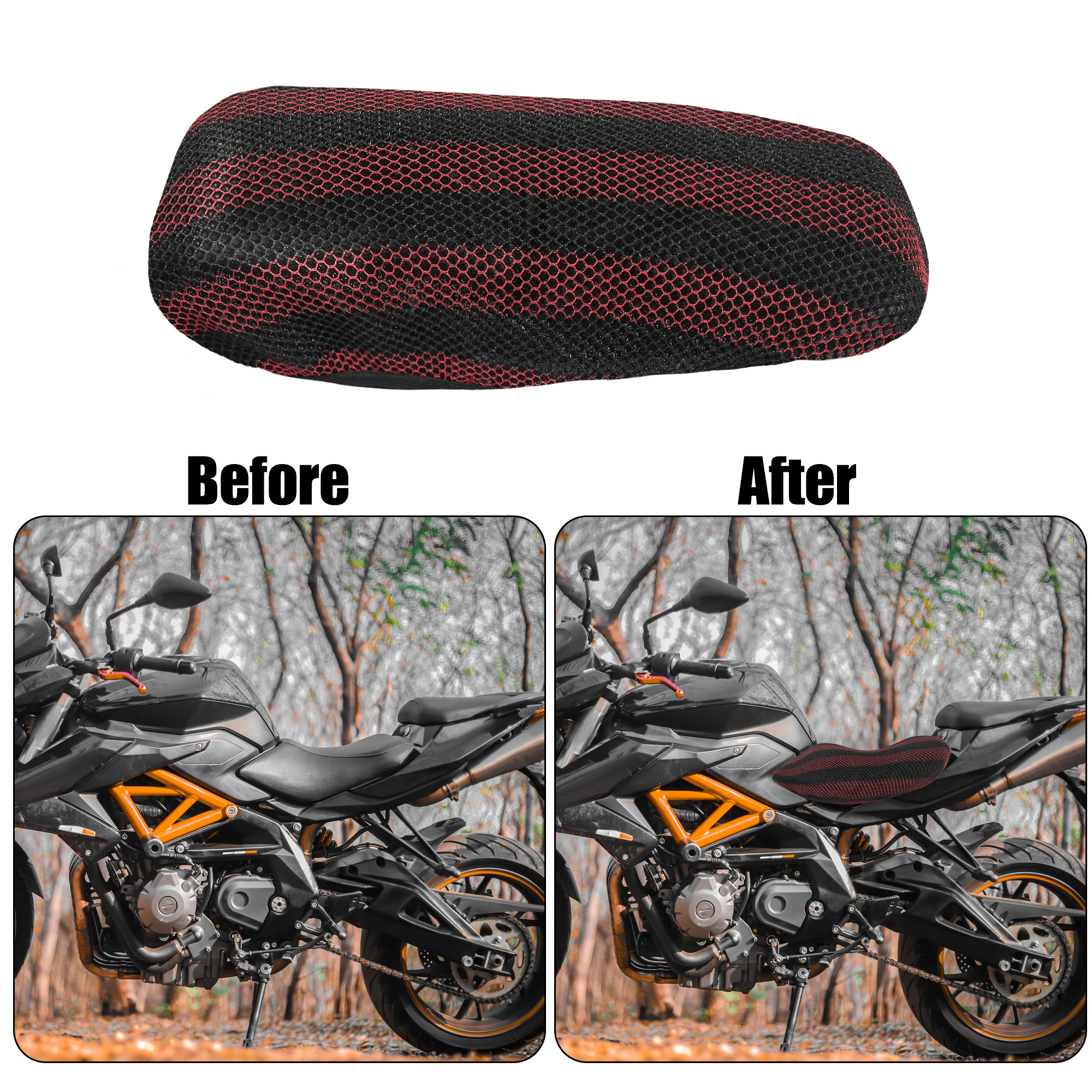 Motoforti Motorcycle Seat Cover Anti Slip 3D Mesh Fabric Seat Cushion Cover Breathable Motorbike Scooter Seat Covers Black Red