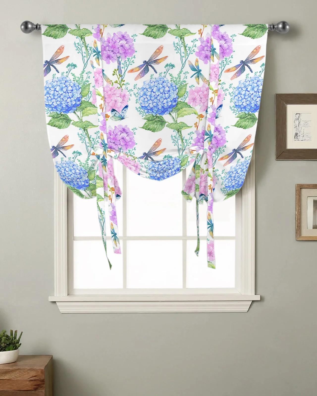 

Flowers Hydrangeas Watercolor Plants Kitchen Short Window Curtain Modern Home Decor Small Window Roman Tie Up Curtains