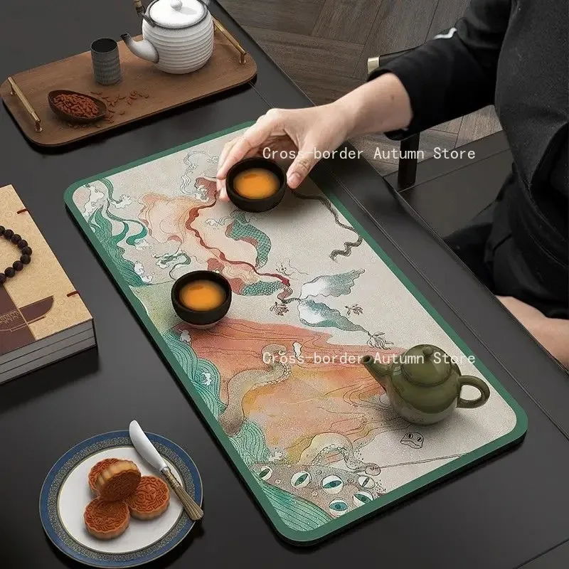 Large Thick Tea Mat for Household Table Decoration, Absorbent, Quick Drying, Landscape Painted, Zen Tea Table Cloth, Special Pla