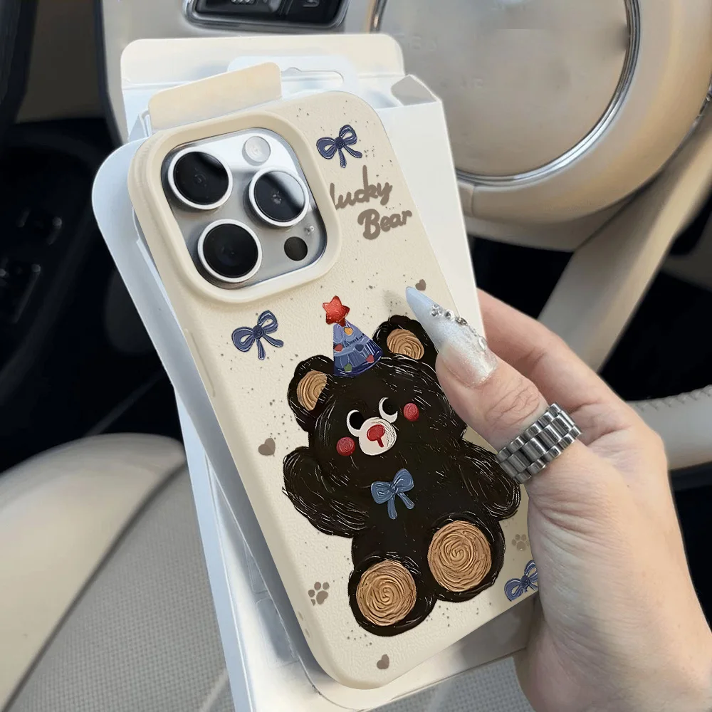 Cute Bear Phone Case For iPhone 11 Case iPhone 16 15 Pro 13 12 14 Pro Max Plus Shockproof Candy Color Bumper Leather Soft Cover