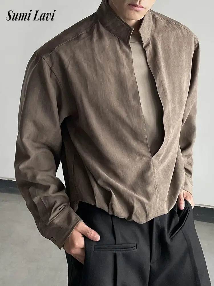 

Vintage Double-layer Stand Collar Shirts Men Casual Long Sleeve Stand Collar Slim Fit Shirt Top Spring Summer Mens Fashion Shirt