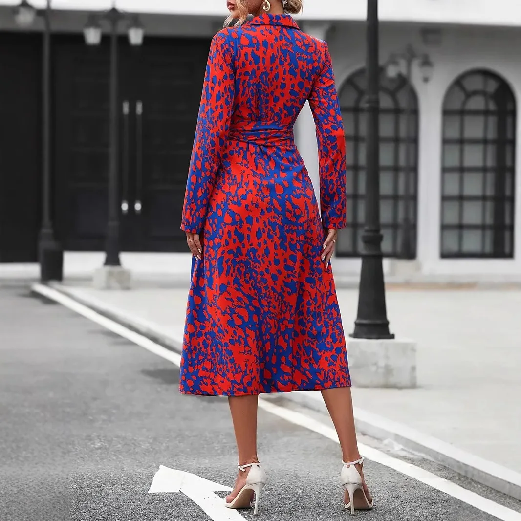 European And American Whole-body Printed Button Excellent Long-sleeved Waist A-shaped Dress