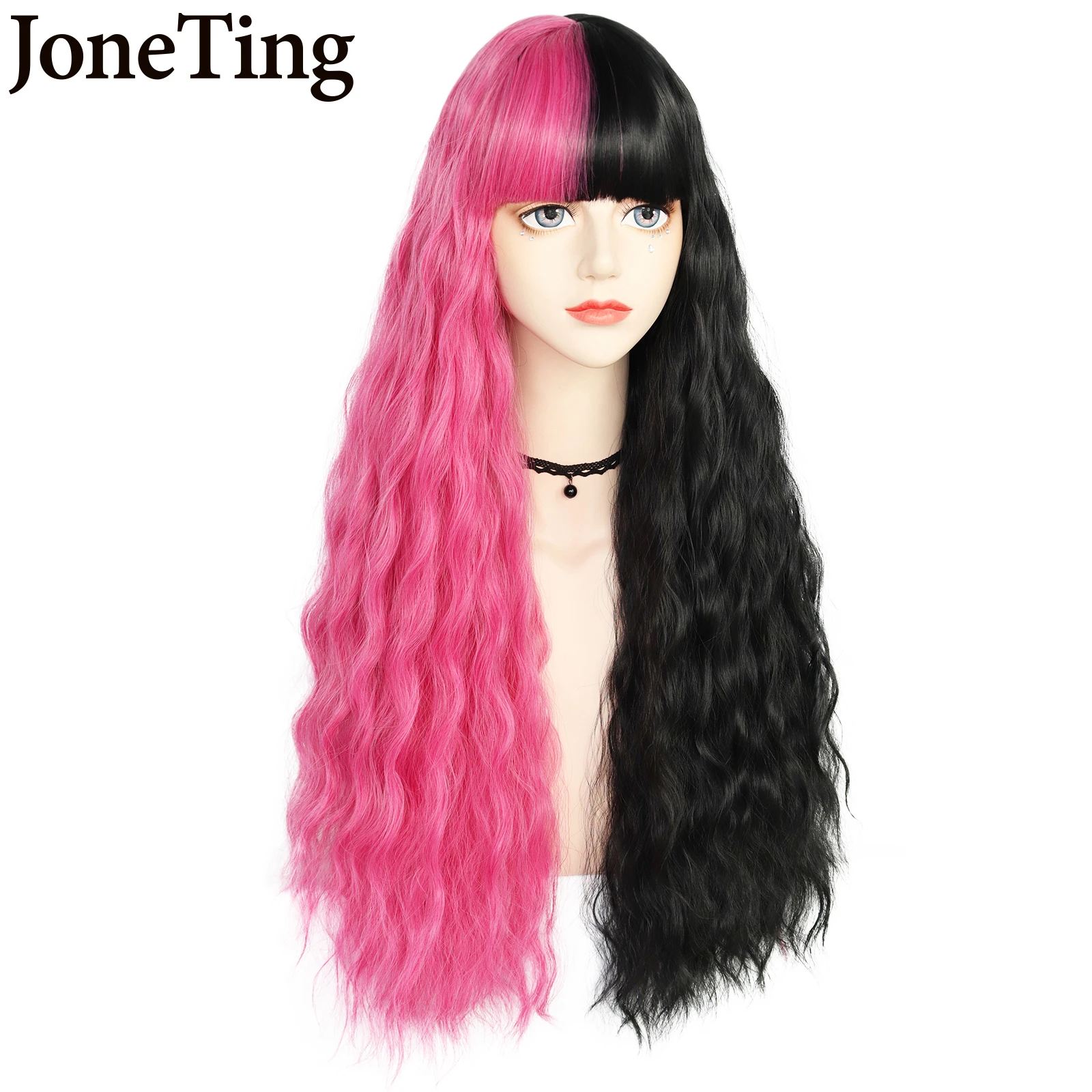 Jt sintético preto rosa lolita perucas ombre onda de água longa cosplay perucas marrons resistente ao calor para o estilo americano feminino