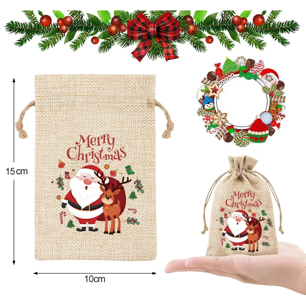 50pcs/lot 10*15cm Christmas Santa Claus Sack Linen Drawstring Bags Children's Party Candy Gift Storage Pouches Packaging Bag