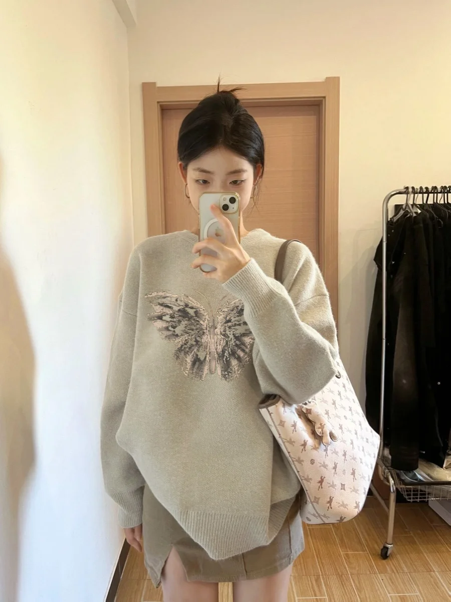 Vlinderpatroon Ronde Hals Hoodie Trui Voor Vrouwen Herfst Winter Nieuwe Japanse Retro Luie Stijl Zachte Losse Dikke Gebreide Top