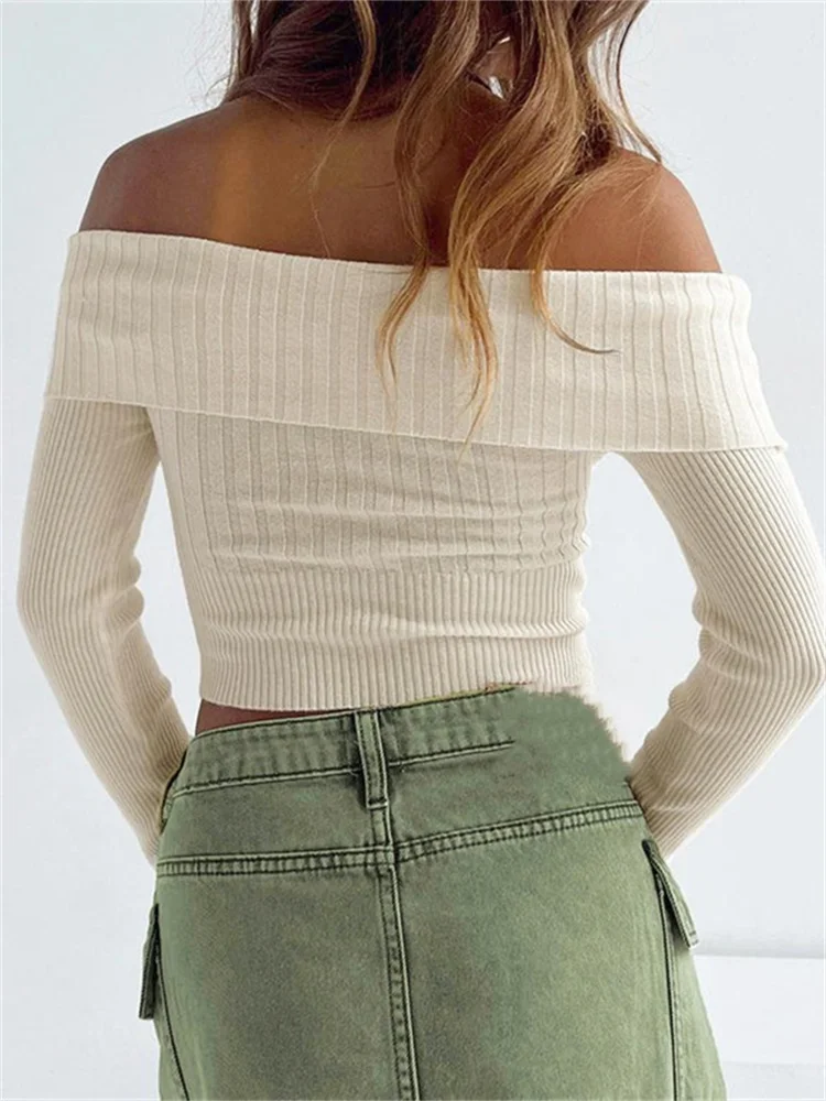 CHRONSTYLE Knitted Ribbed Long Sleeve T-shirts Crop Tops for Women Slash Neck Off Shoulder Slim Fit Solid Tees Shirts Streetwear