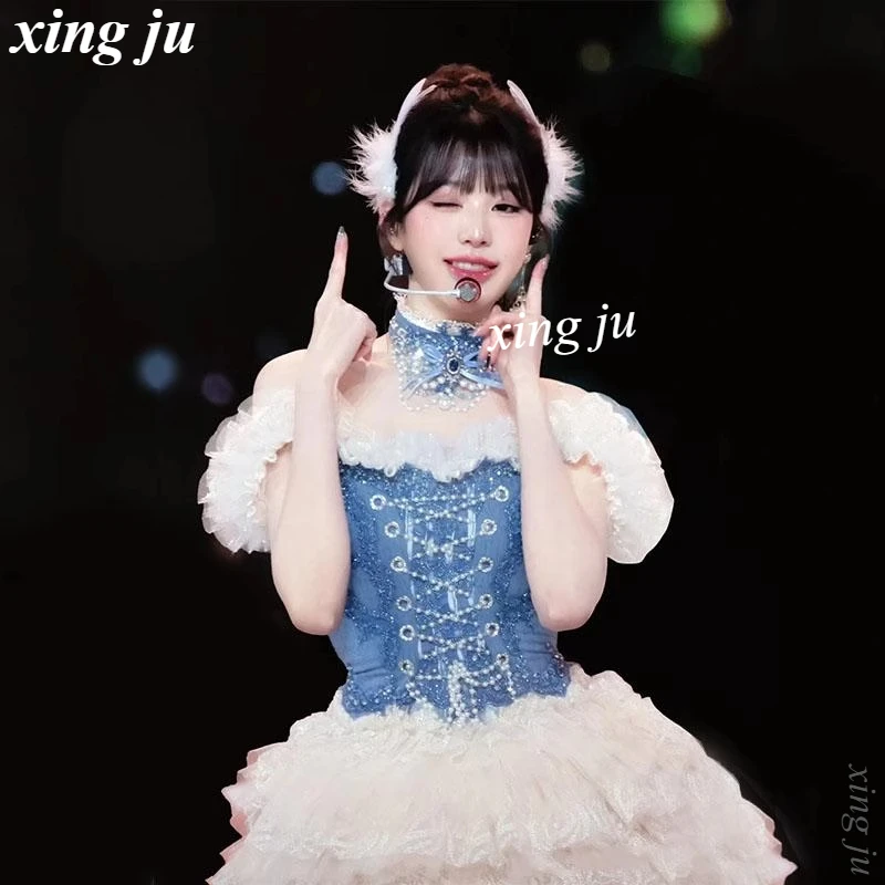 

Xing Ju Kpop Korean Singer Strapless Lace-up Patchwork Princess Dress Jazz Stage Performance Costume Women Birthday Party Wear