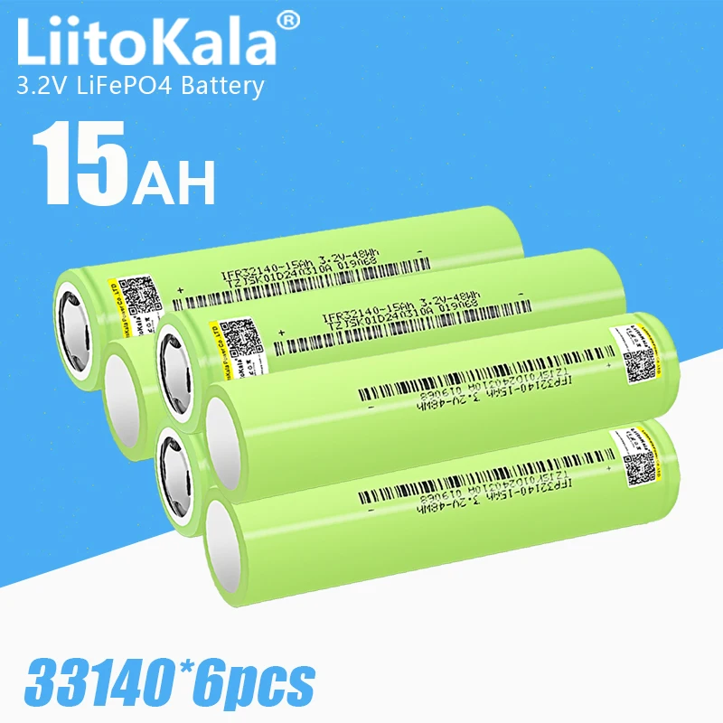 6pcs LiitoKala 32140 3.2V 15Ah Lifepo4 battery diy 12v 24v 36v 48v Electric bicycle scooter motorcycle EV RV Solar Light