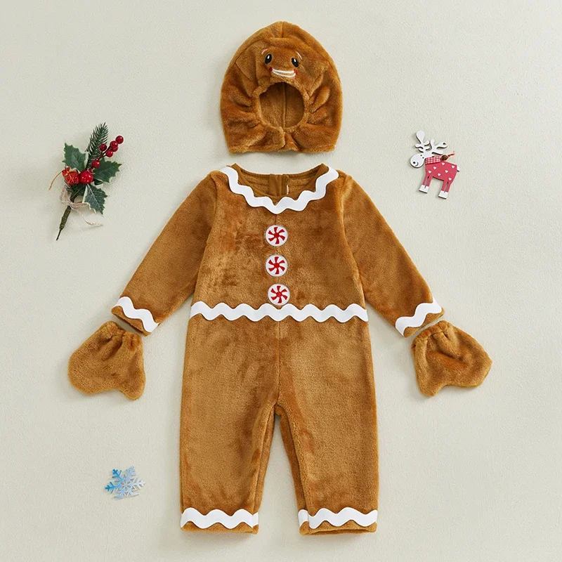 SUNSIOM 0-18 Months Baby Christmas Gingerbread Outfit Fleece Long Sleeve Jumpsuit Hat Gloves for Christmas Halloween Party