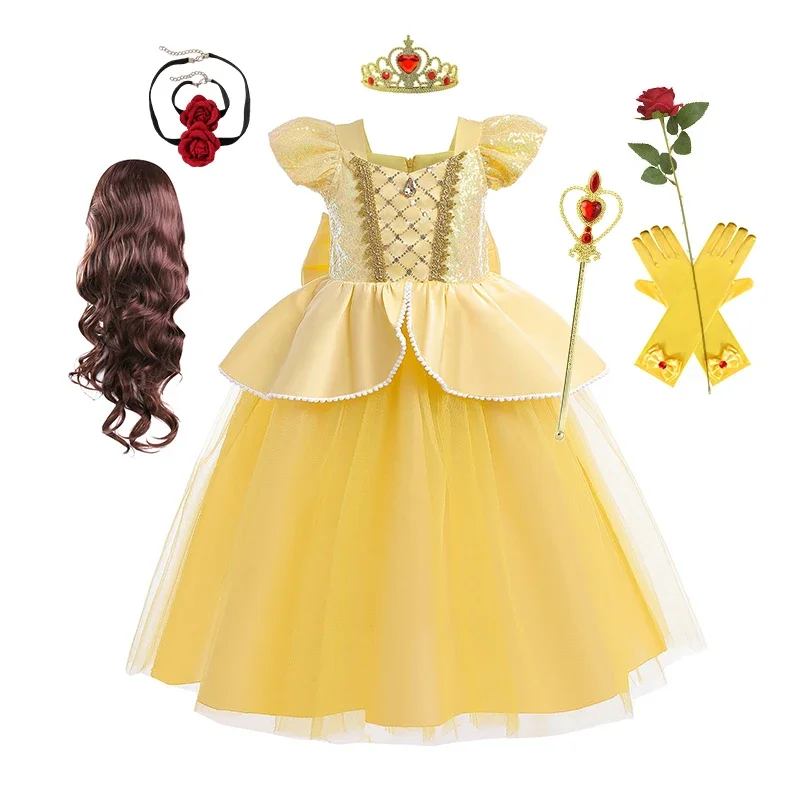 Belle Princess Dress Girls Cosplay Disney Beauty and The Beast Cinderella Snow White Costumes Kids Halloween Carnival Clothes