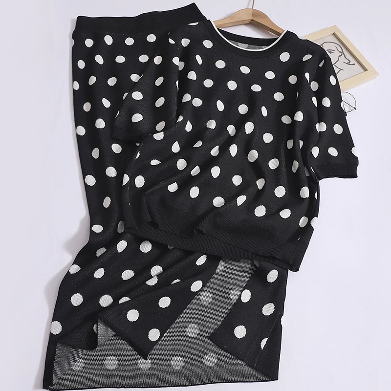 Women Summer Office Polka Dot Knit Two-piece Set O-neck Short Sleeved T-shirt and High Waist Hip Split Bodycon Skirt Chic Suit