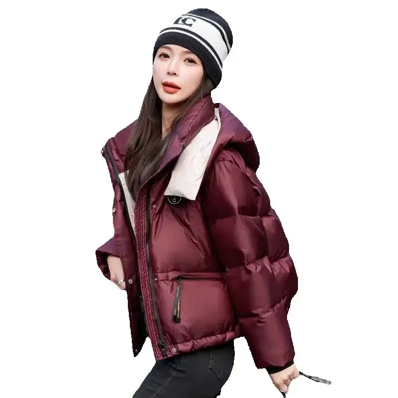 

Contrast Down Cotton Jackets Women's New Short Cotton Coat Hooded Bread Coats Winter 2025 Wine Red Black Padded Overcoat Parkas